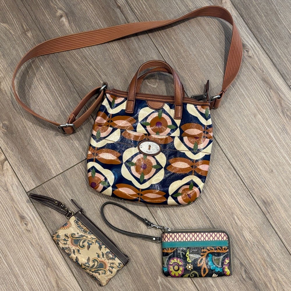 Fossil Brown and Blue Geometric Crossbody Bag with 2 wallets